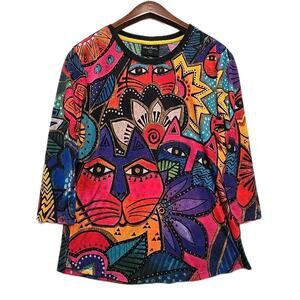 Laurel Burch Womens Artsy Abstract Cats 3/4 Sleeves Top Sz L Colorful Eclectic